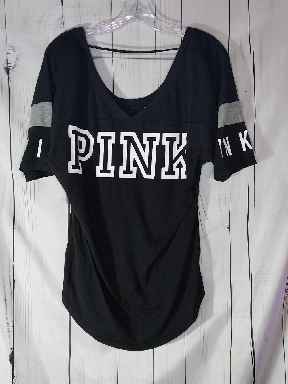 PINK Victoria's Secret Black V-Neck Logo Athleisure Tee with Gray Sleeve Stripes